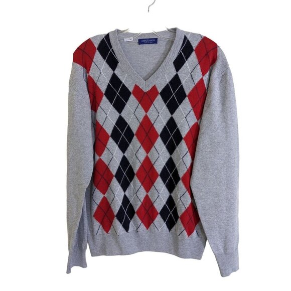 Lorenzo Magni Mens Wool Blend Sweater Large Gray V Neck Argyle Made In Italy - Picture 1 of 5